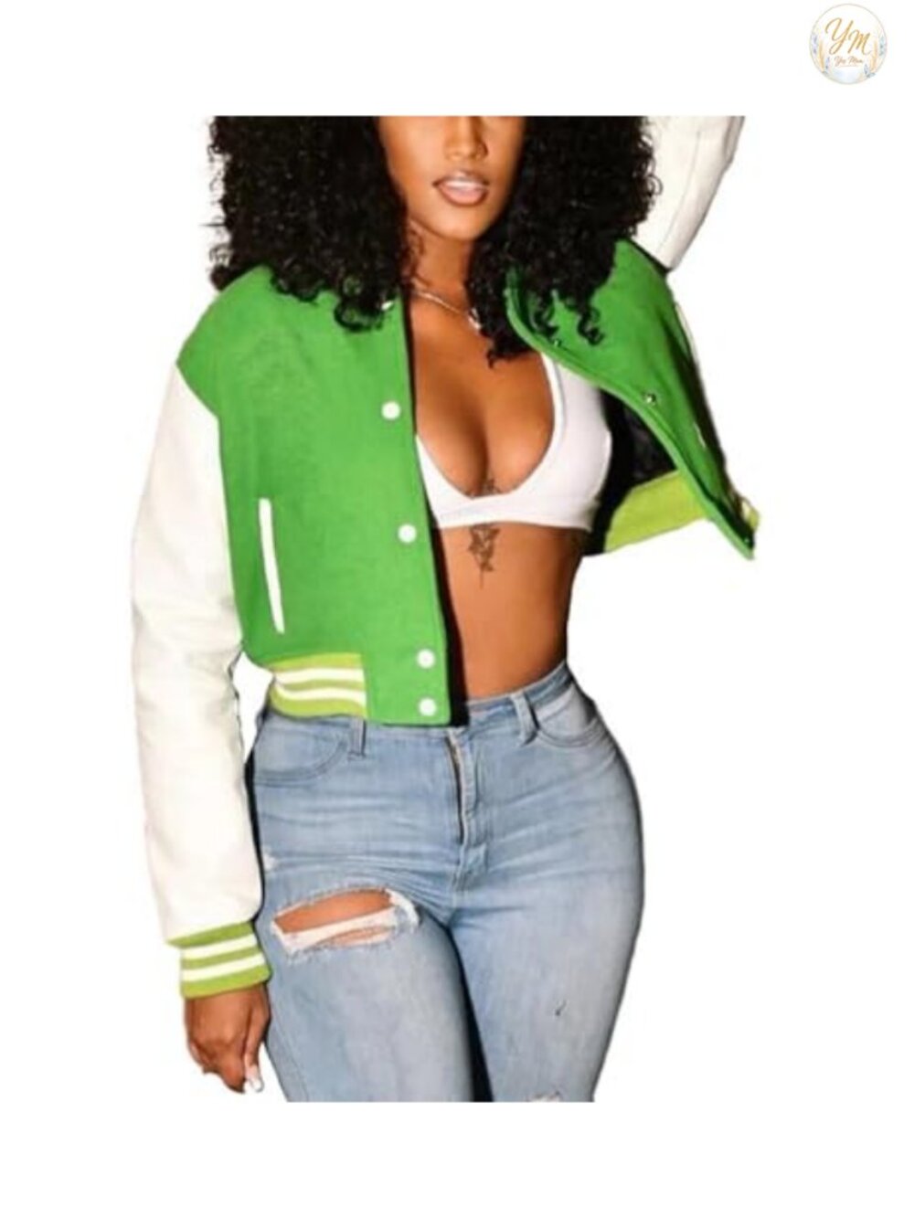 Women's Slim Fit Cropped Bomber Varsity Jacket with Striped Trim